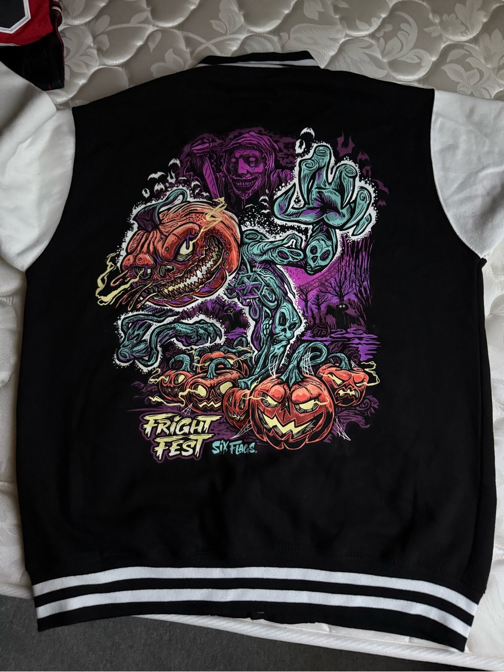 Six Flags Fright Fest Black & White Varsity Jacket with Halloween Graphic